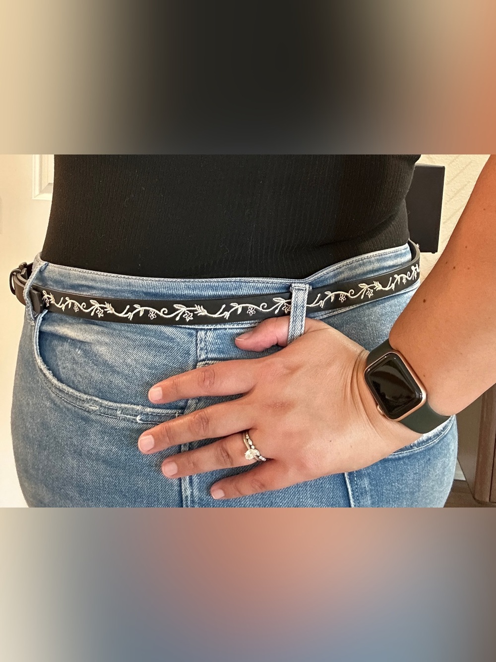 TORRID - Black Leather Belt W/ White Embroidery Design